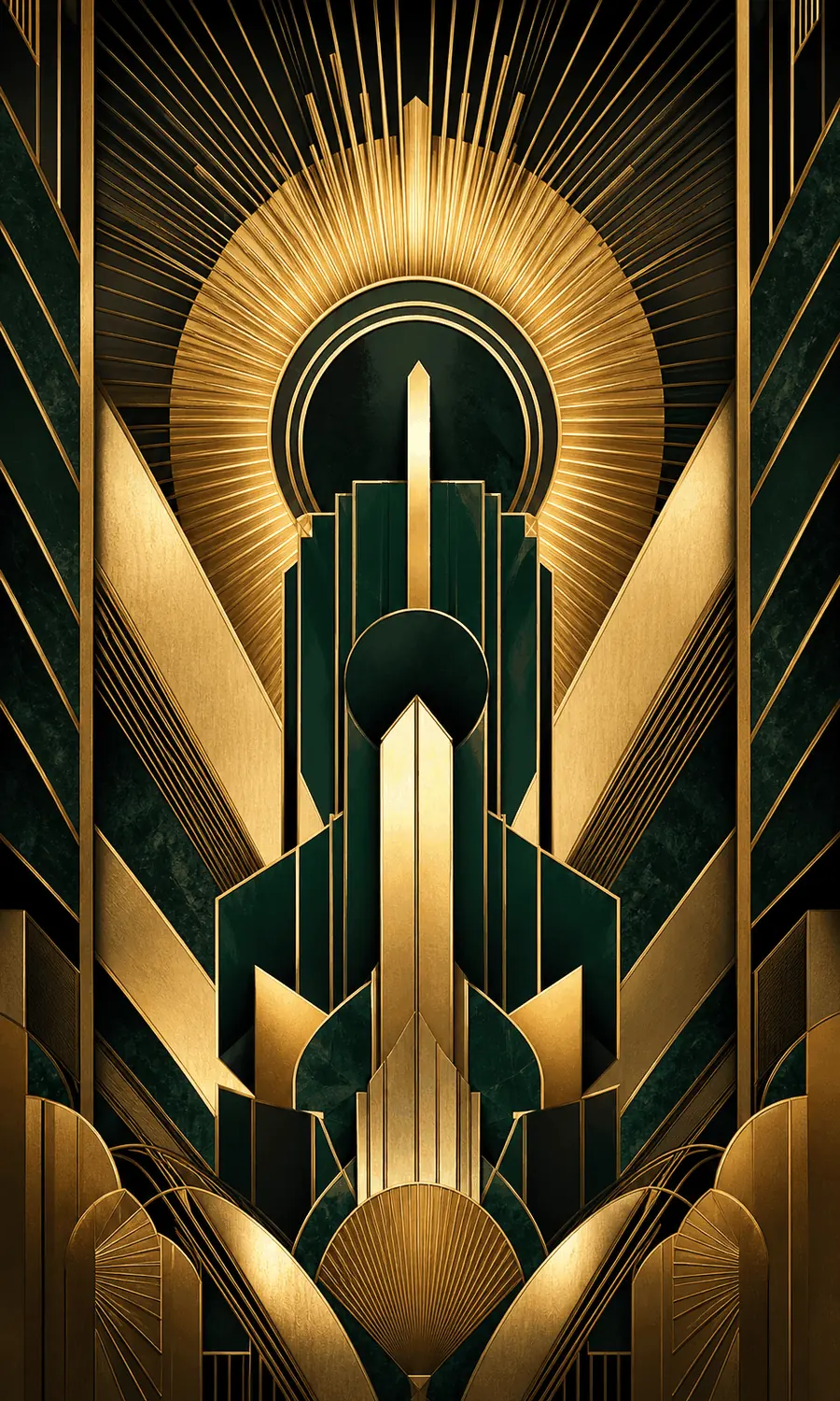 Original Art Deco study with symmetrical geometry, stepped forms, and metallic contrast
