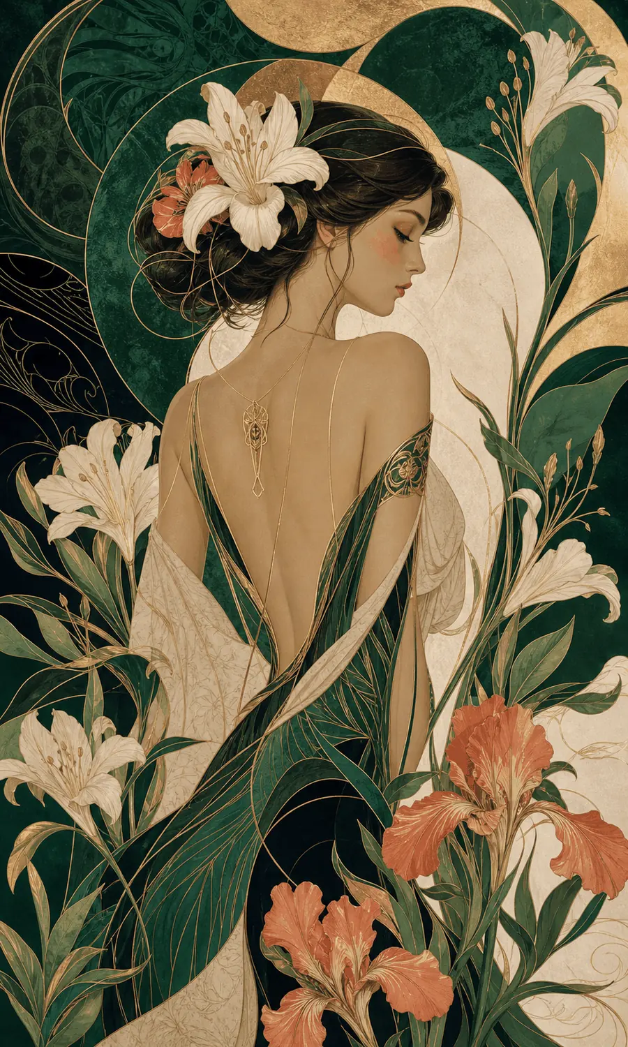 Original Art Nouveau study with flowing botanical contours and an integrated ornamental frame